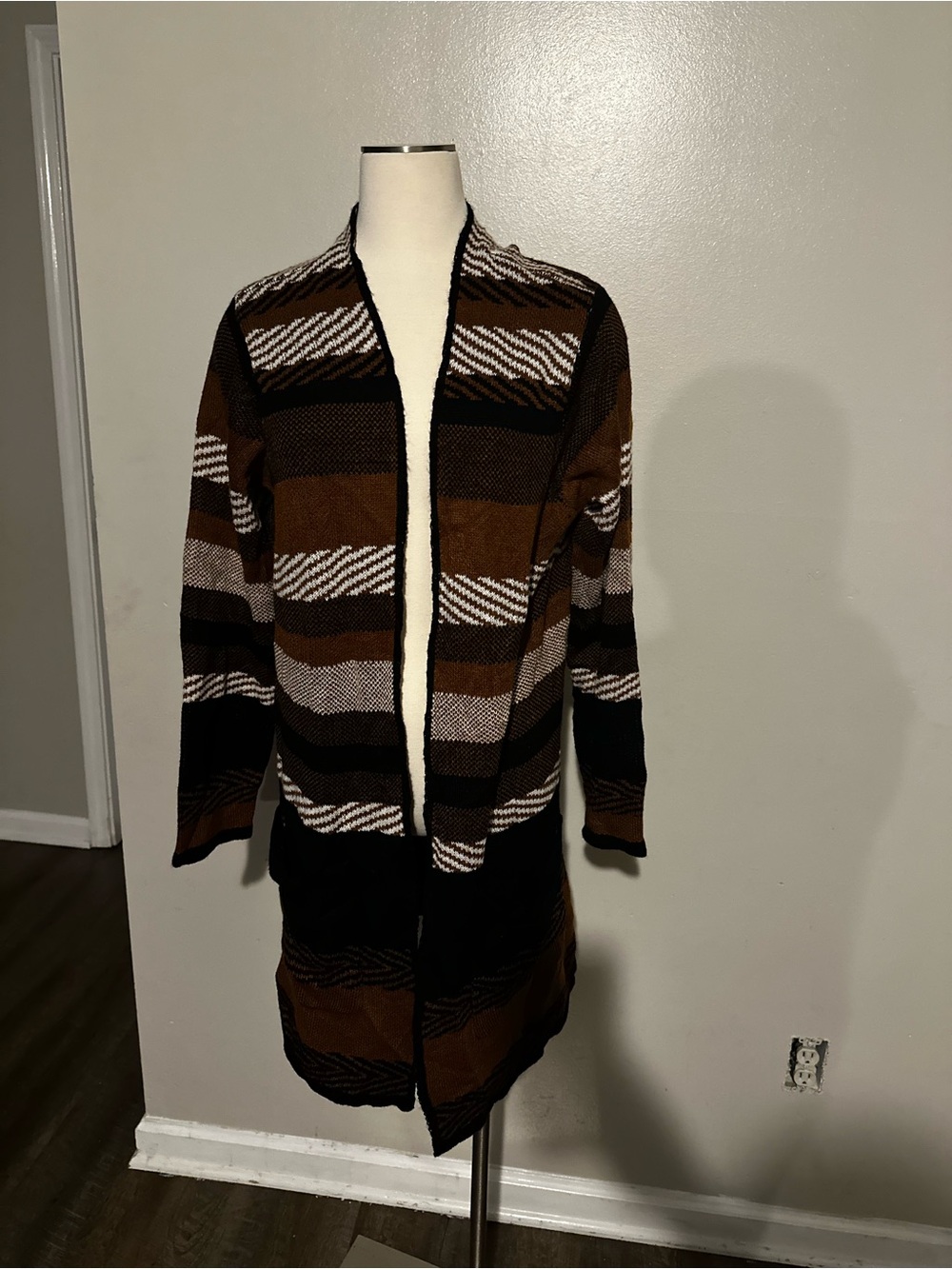 Striped Open-Front Women's Cardigan Sweater in Brown, Black & Cream